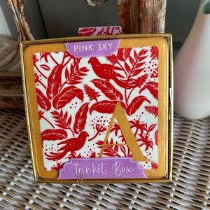 Pink Sky “A” trinket box featuring a botanical bird design